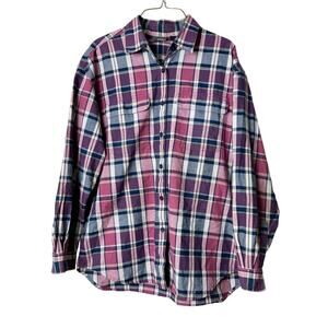 Liz Wear VINTAGE 100% cotton pink purple plaid long sleeve button up‎ top LARGE